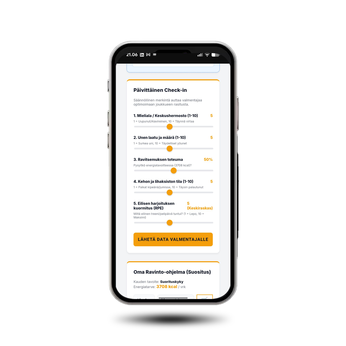 Esimerkkikuva ohjelmiston urheilijan Check-in -näkymästä ja liukusäätimistä